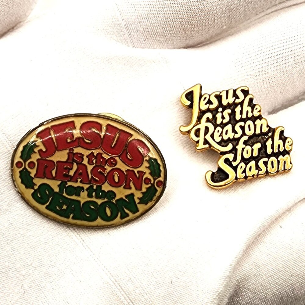 Vintage Jesus Is The Reason For The Season set of 2 Unique Christmas Lapel Pins